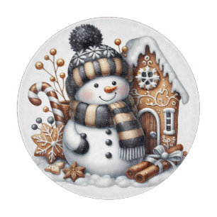Cute Snowman and Gingerbread House Christmas Cutting Board