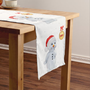 Cute snowman and golden ball on white medium table runner