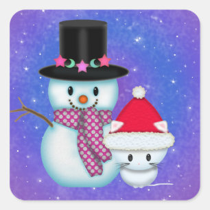 Cute Snowman and Kitten Christmas Stickers