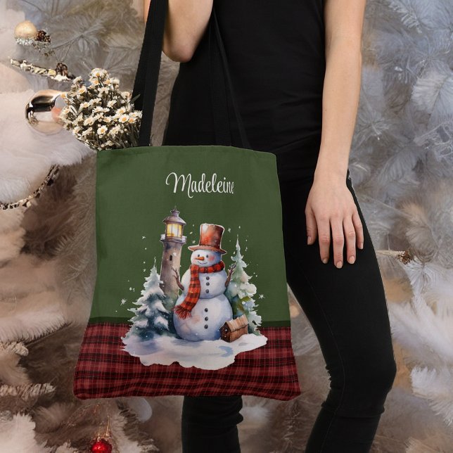 Cute Snowman and Lighthouse on Plaid Monogram Name Tote Bag (Creator Uploaded)