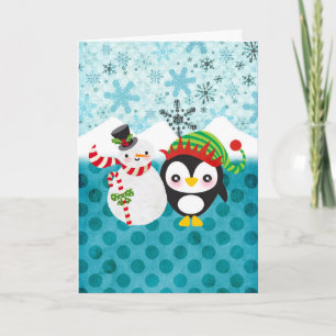 Cute Snowman and Penguin Christmas Card