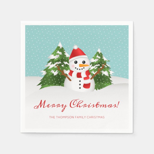 Cute Snowman And Personalizable Name Christmas Napkin (Front)