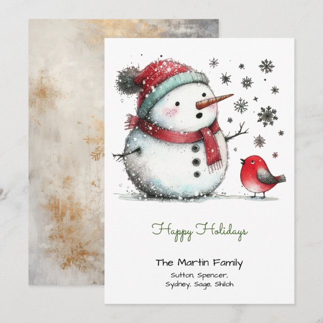 Cute Snowman and Red Bird Happy  Holiday Card (Front/Back)