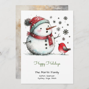 Cute Snowman and Red Bird Happy  Holiday Card