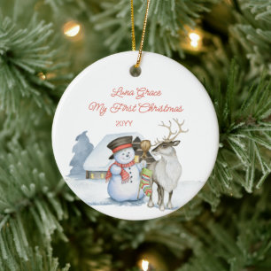 Cute Snowman and Reindeer 1st Christmas Ceramic Tree Decoration