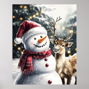 Cute Snowman and Reindeer Christmas Wall Art