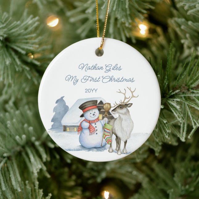Cute Snowman and Reindeer First Christmas Ceramic Tree Decoration (Tree)