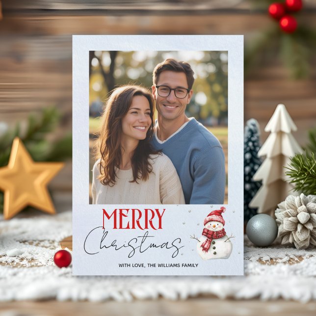 Cute snowman and snow Christmas photo Holiday Card (Creator Uploaded)