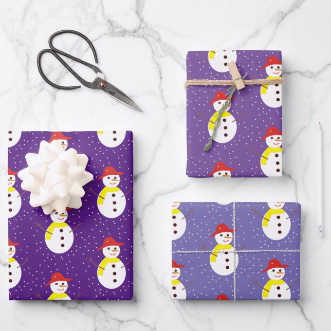 Cute snowman and snow on purple wrapping paper sheet (Front)