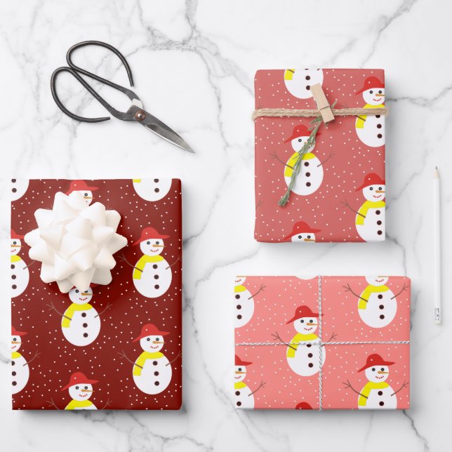 Cute snowman and snow on red wrapping paper sheet (Front)