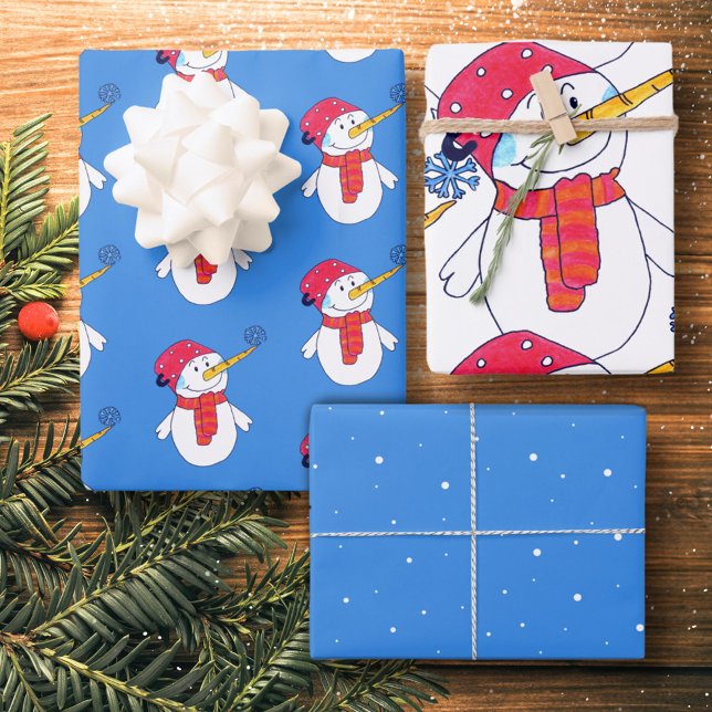 Cute Snowman and Snowflake Pattern Kids Christmas Wrapping Paper Sheet (Creator Uploaded)