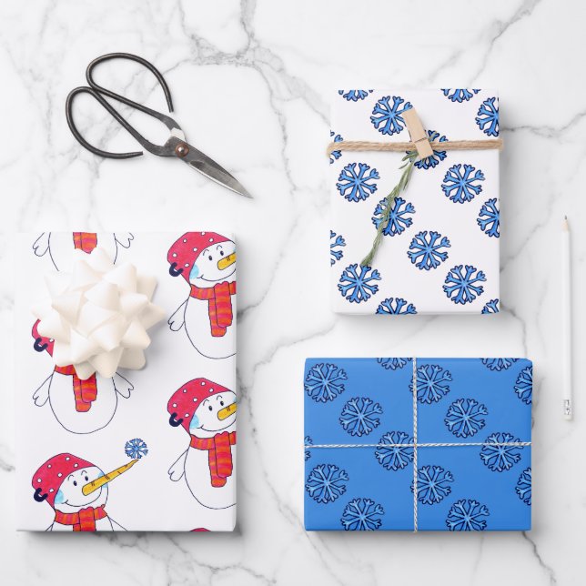Cute Snowman and Snowflake Pattern Kids Christmas Wrapping Paper Sheet (Front)