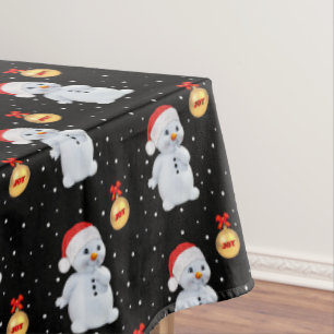 Cute Snowman and Snowflakes on Black  Tablecloth