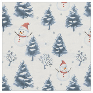 Cute Snowman And Snowy Trees Fabric