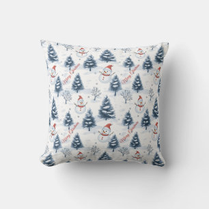 Cute Snowman And Snowy Trees Merry Christmas Cushion