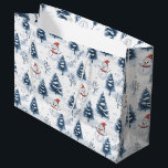 Cute Snowman And Snowy Trees Merry Christmas Large Gift Bag<br><div class="desc">A cute Snowman and snowy trees Christmas gift bag with snowmen wearing red Santa hats and fir trees covered in snow with a snowy white background. Merry Christmas text in blue can be personalised as needed , change to a name or another greeting as per your needs . A cute...</div>