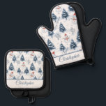 Cute Snowman And Snowy Trees Merry Christmas Oven Mitt & Pot Holder Set<br><div class="desc">A cute Snowman and snowy trees Christmas oven glove and pot holder with snowmen wearing red Santa hats and fir trees covered in snow with a snowy white background. Merry Christmas greeting in blue can be customised as needed then personalise with a name to make this a unique fun christmas...</div>