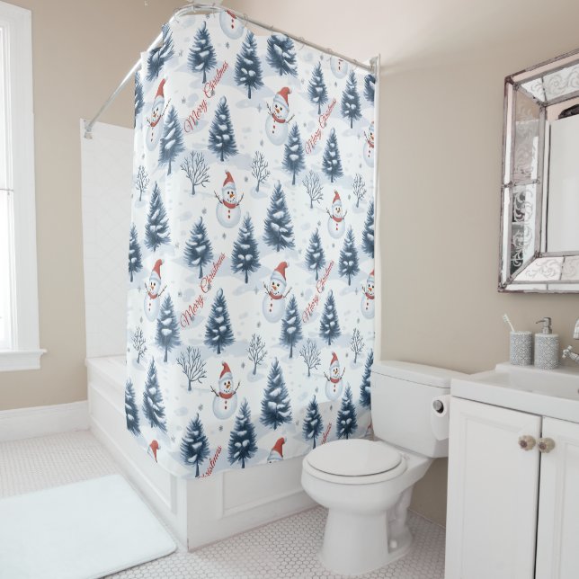 Cute Snowman And Snowy Trees Merry Christmas Shower Curtain (In Situ)