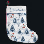 Cute Snowman And Snowy Trees Merry Christmas Small Christmas Stocking<br><div class="desc">A cute Snowman and snowy trees Christmas Stocking with snowmen wearing red Santa hats and fir trees covered in snow with a snowy white background. Merry Christmas greeting in blue can be customised as needed then personalise with a name to make this a unique fun christmas stocking for the holiday...</div>