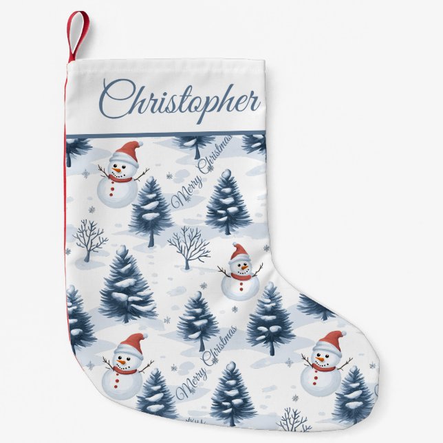 Cute Snowman And Snowy Trees Merry Christmas Small Christmas Stocking (Front)