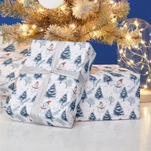 Cute Snowman And Snowy Trees Merry Christmas Wrapping Paper