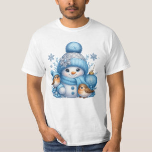 Cute Snowman and Winter Birds Christmas T-Shirt