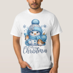 Cute Snowman and Winter Birds Christmas  T-Shirt