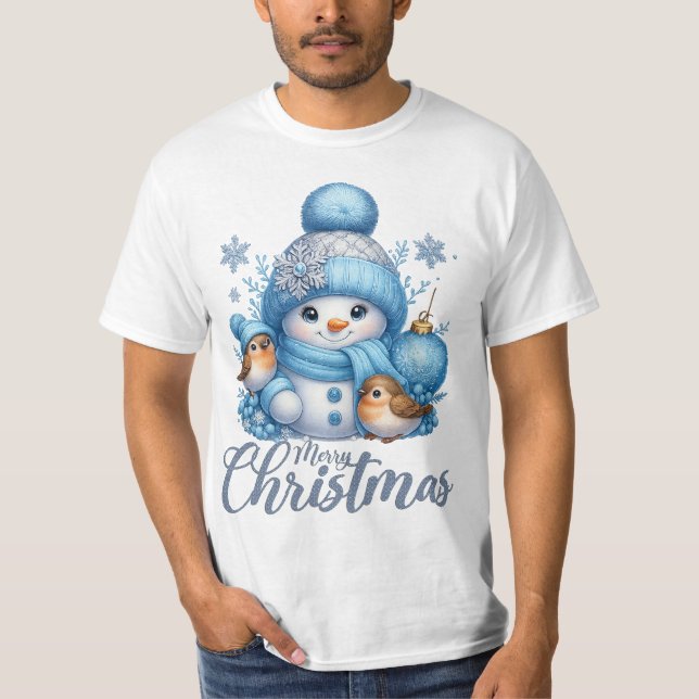 Cute Snowman and Winter Birds Christmas  T-Shirt (Front)