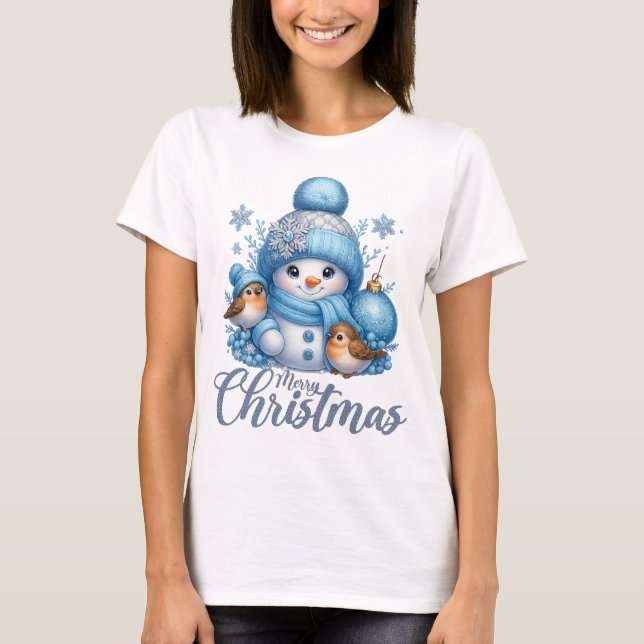 Cute Snowman and Winter Birds Christmas T-Shirt (Front)