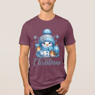Cute Snowman and Winter Birds Christmas Tri-Blend Shirt