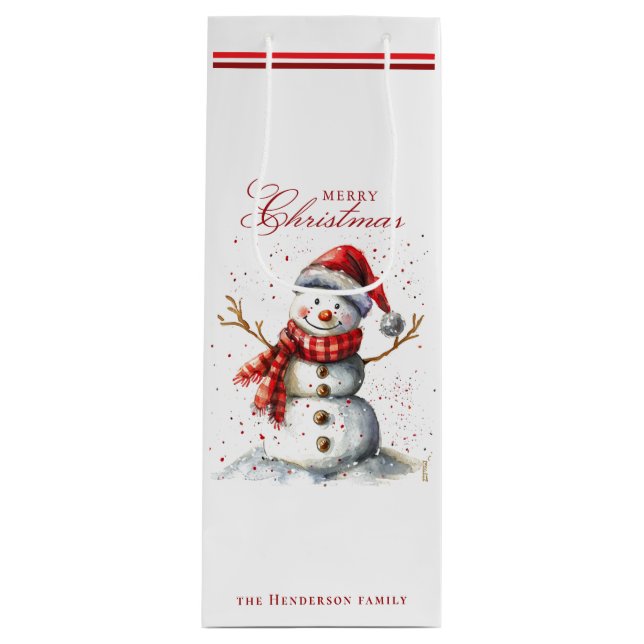 Cute Snowman and Winter Custom Name Wine Gift Bag (Front)
