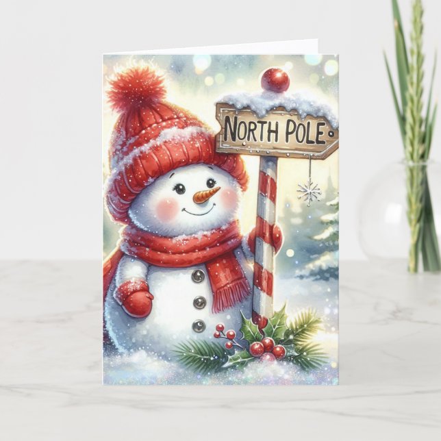 Cute Snowman at the North Pole Holiday Card (Front)
