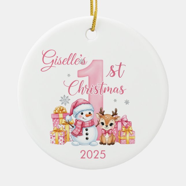  Cute Snowman Baby Girl's First Christmas Ornament (Front)