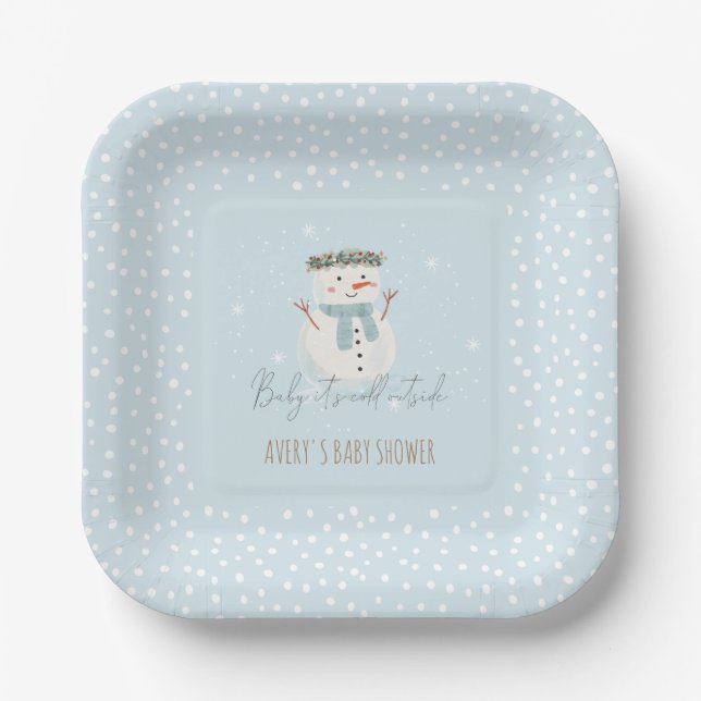 Cute Snowman Baby It's Cold Outside Baby Shower Paper Plate (Front)