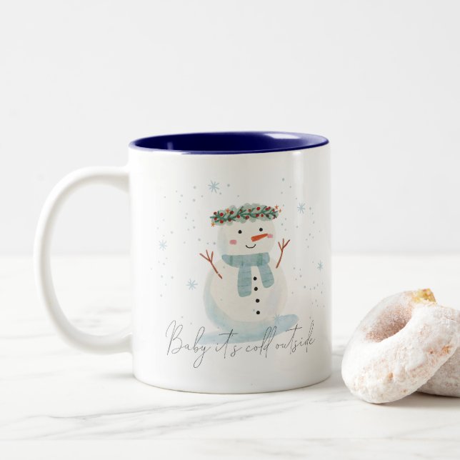 Cute Snowman Baby It's Cold Outside Two-Tone Coffee Mug (With Donut)