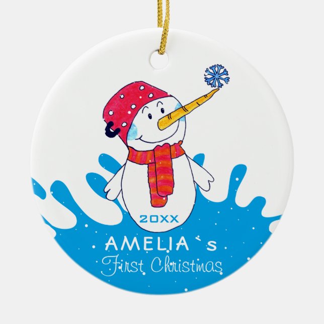 Cute Snowman Baby`s First Christmas Ceramic Tree Decoration (Front)