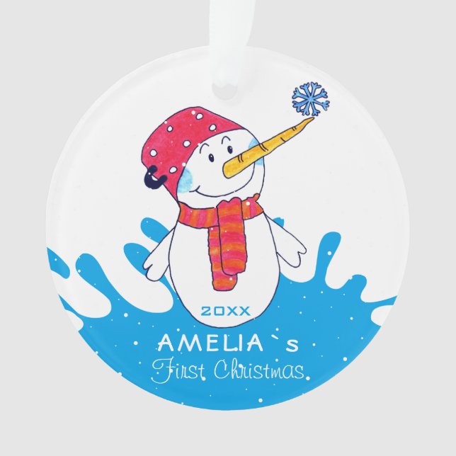 Cute Snowman Baby`s First Christmas Ornament (Front)
