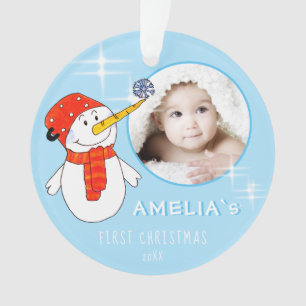 Cute Snowman Baby`s First Christmas Photo Ornament
