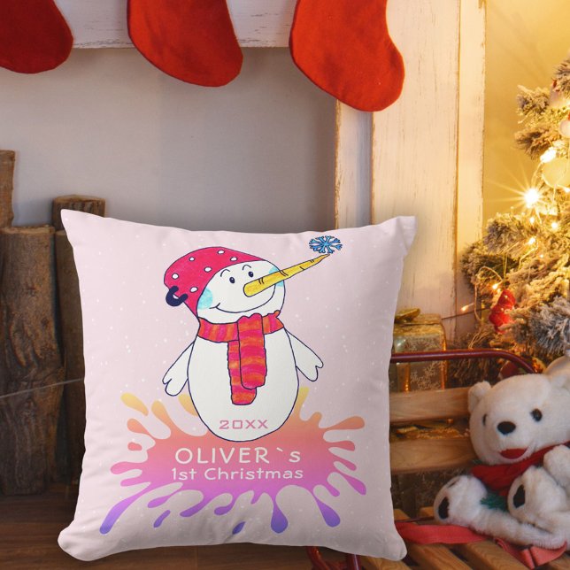 Cute Snowman Baby`s First Christmas Pink Cushion (Creator Uploaded)