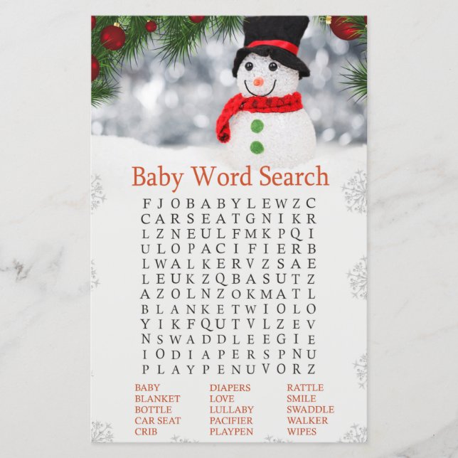 Cute snowman Baby Shower Word Search Game (Front)