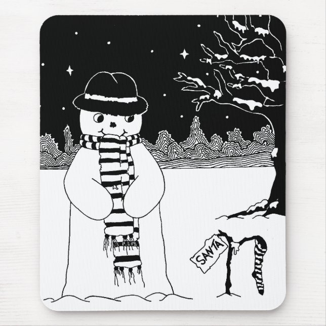 Cute snowman black & white Christmas illustration Mouse Mat (Front)