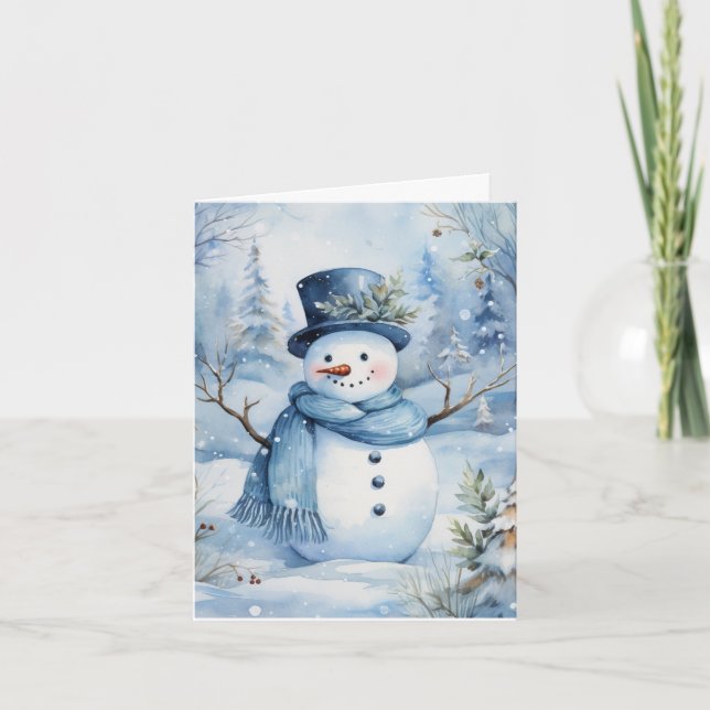 Cute Snowman Blue Hat and Scarf Flowers Blank Card (Front)