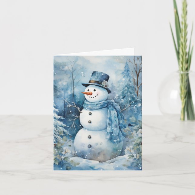 Cute Snowman Blue Hat & Scarf Flowers Trees Blank Card (Front)