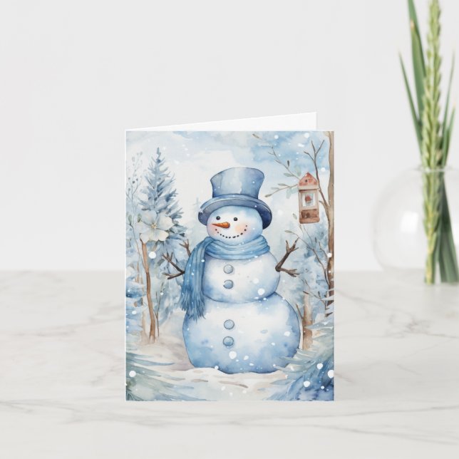 Cute Snowman Blue Hat Scarf Trees Birdhouse Blank Card (Front)