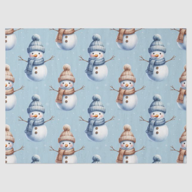Cute Snowman Blue Snowy Background Christmas Tissue Paper (Front)