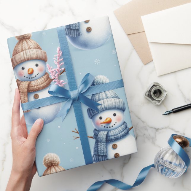 Cute Snowman Blue Snowy Background Christmas Wrapping Paper (Gifting)