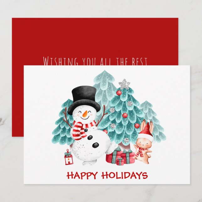 Cute Snowman, Bunny & Christmas Tree Holiday Card (Front/Back)