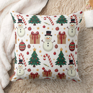 Cute Snowman & Candy Cane Christmas Throw Pillow