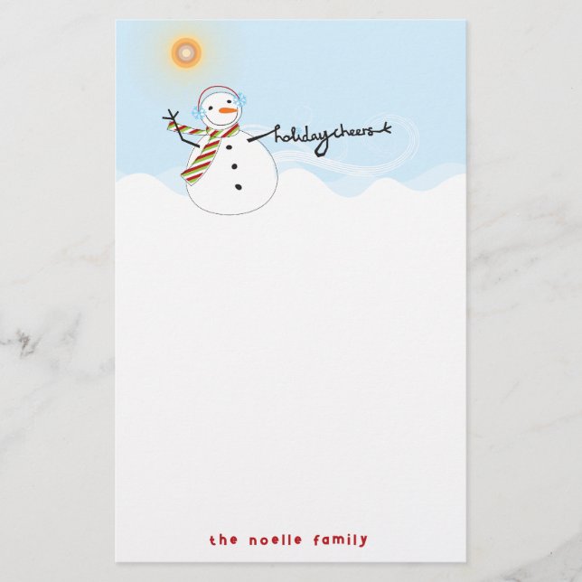 Cute Snowman Cheers Holiday Paper Stationery (Front)