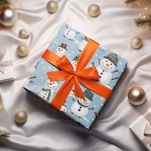 Cute Snowman Christmas Blue Pattern Holiday Wrapping Paper (Creator Uploaded)
